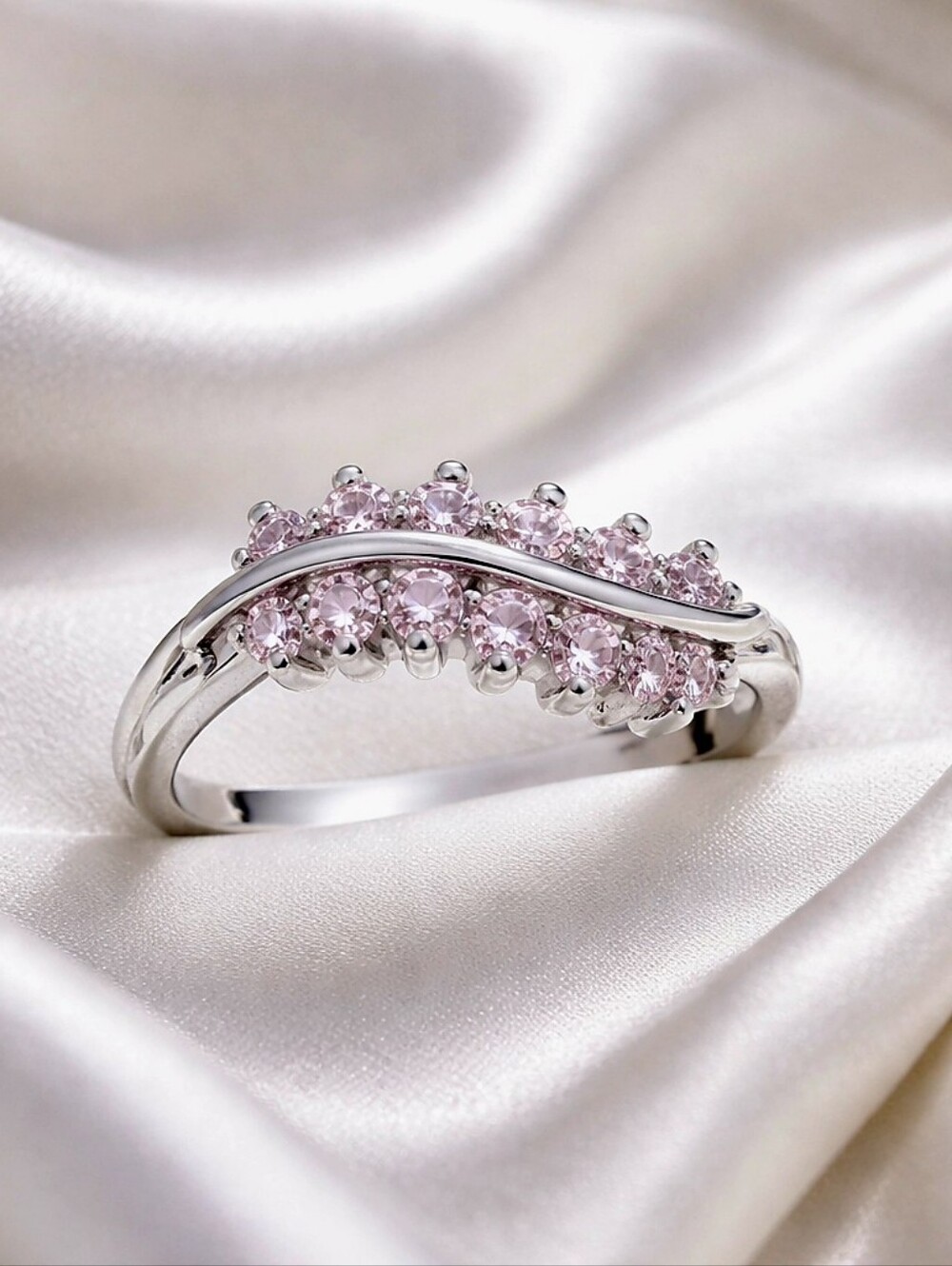 925 Sterling Silver Curve Pink CZ Ring New